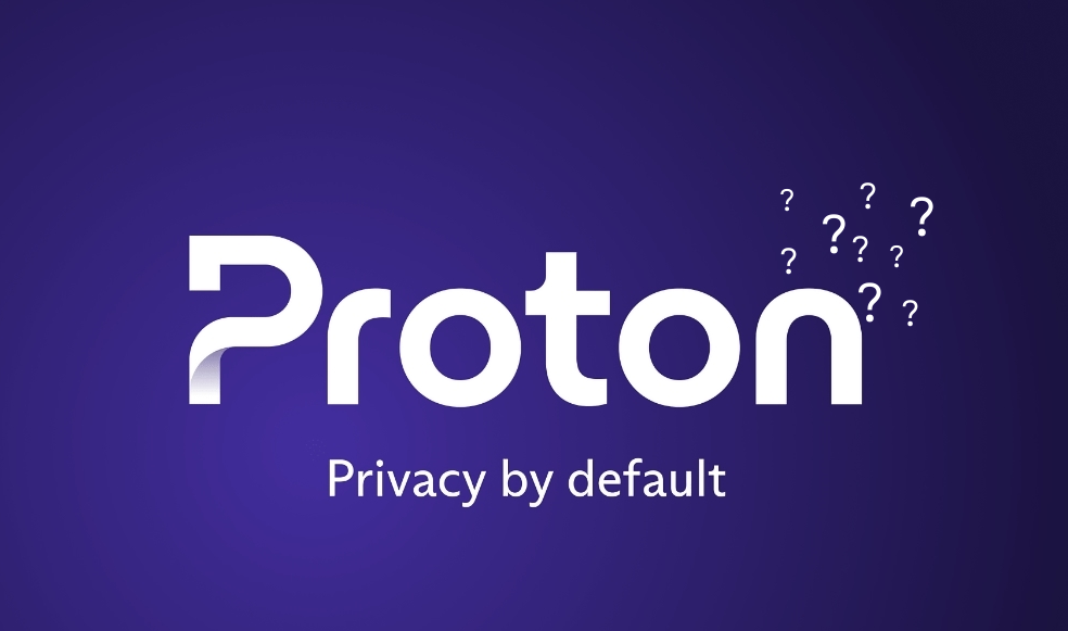 White Proton logo on purple background with some white question marks behind it