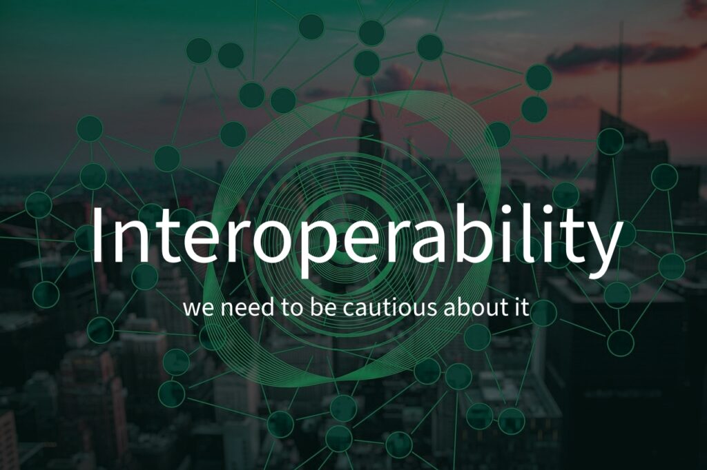 Text: "Interoperability, we need to be caution about it" on a background of interconnecting nodes and lines with a blurred city viewed from the top in the background.