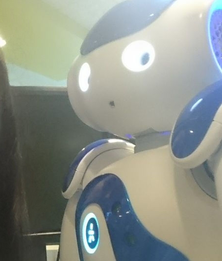 An older picture of a blue-white NAO from Softbank, looking into the camera with a surprised face.